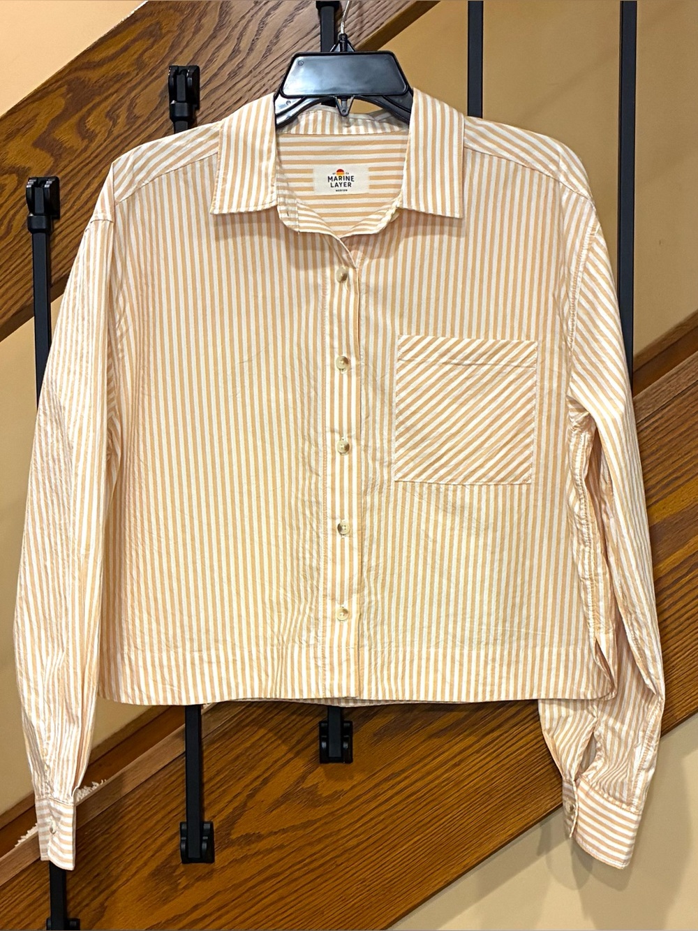 Marine Layer Shirt Mia Cropped Cali Poplin Button-Up gold white strip SZ. Med